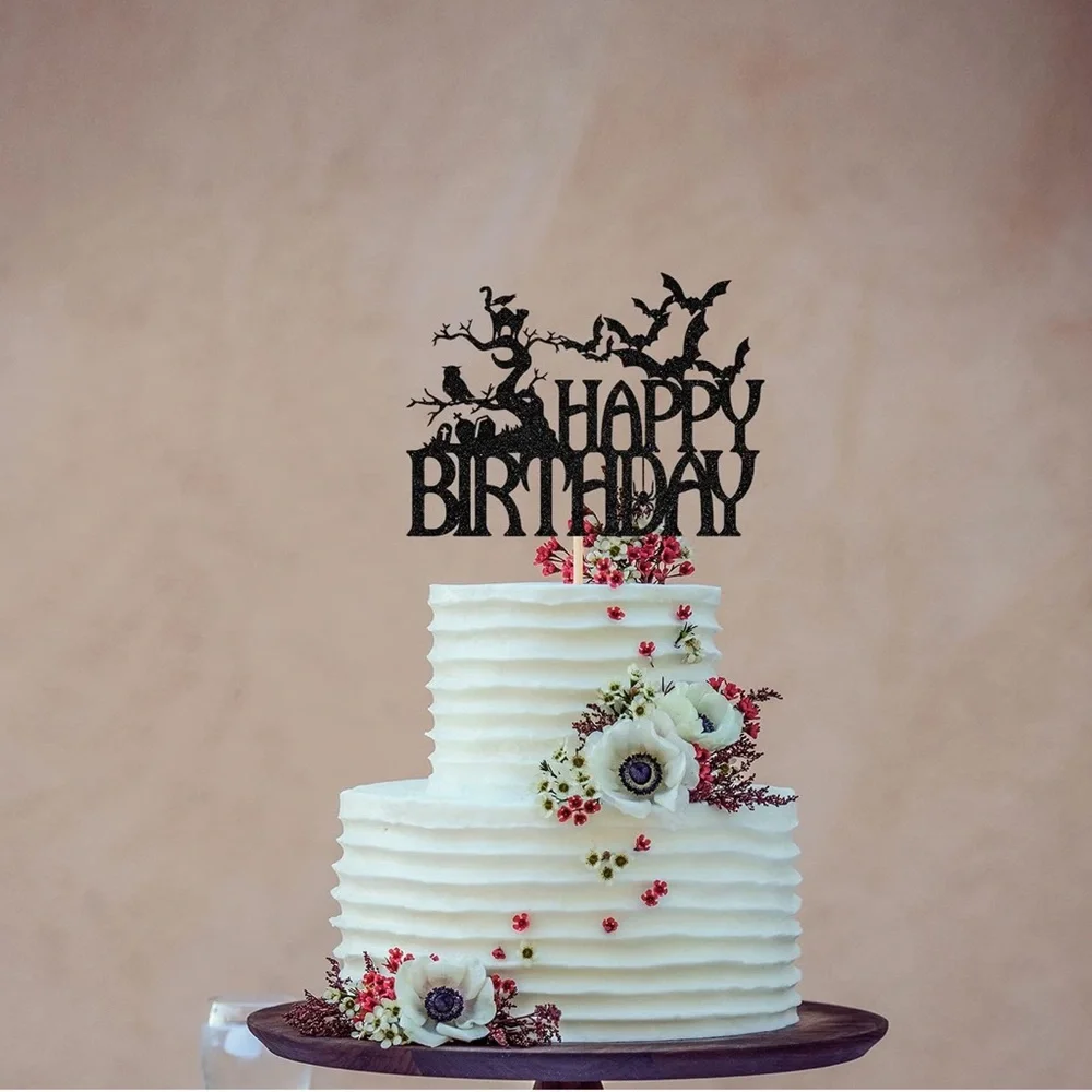 NWT Halloween Happy Birthday Cake Topper Spooky Haunted House Black Glitter